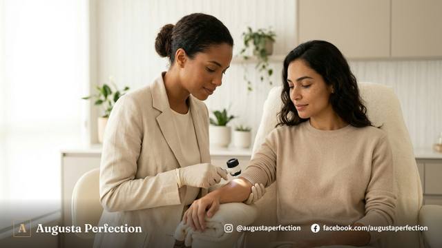 Profissional de estética examinando a pele de uma paciente durante avaliação clínica para remoção de verrugas.