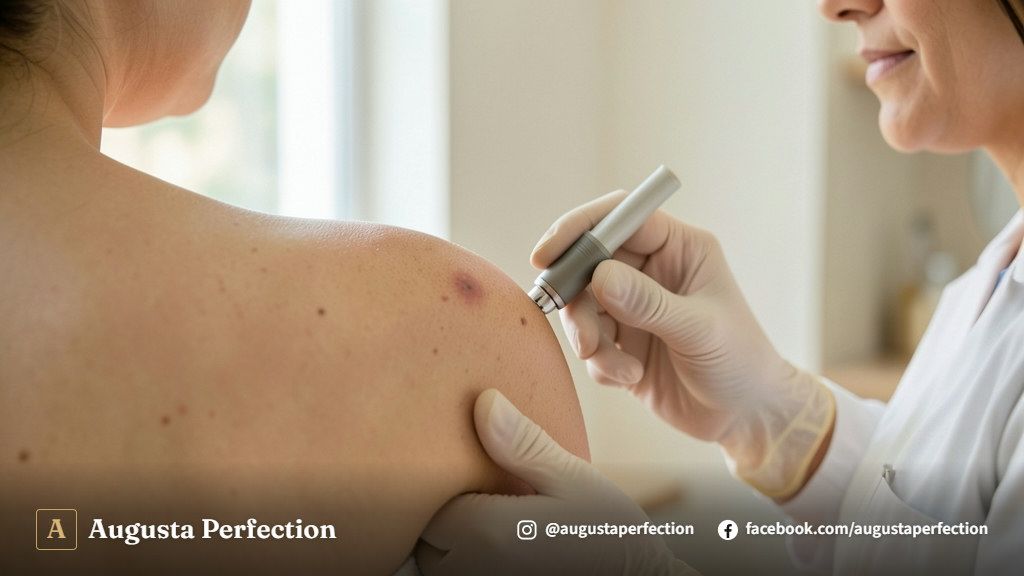 Profissional de estética avançada organizando equipamentos em consultório elegante da Augusta Perfection.