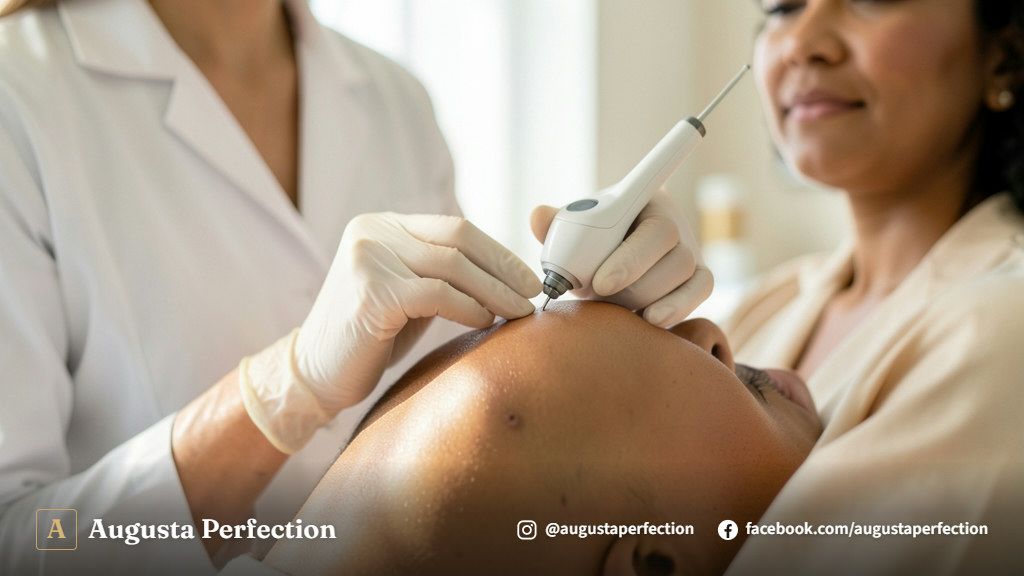 Especialista em estética realizando avaliação cuidadosa da pele em ambiente clínico elegante.