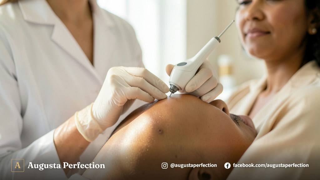 Especialista em estética realizando avaliação cuidadosa da pele em ambiente clínico elegante.