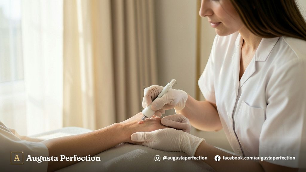Profissional de estética avançada preparando instrumentos higienizados em uma clínica moderna para remoção de verrugas.