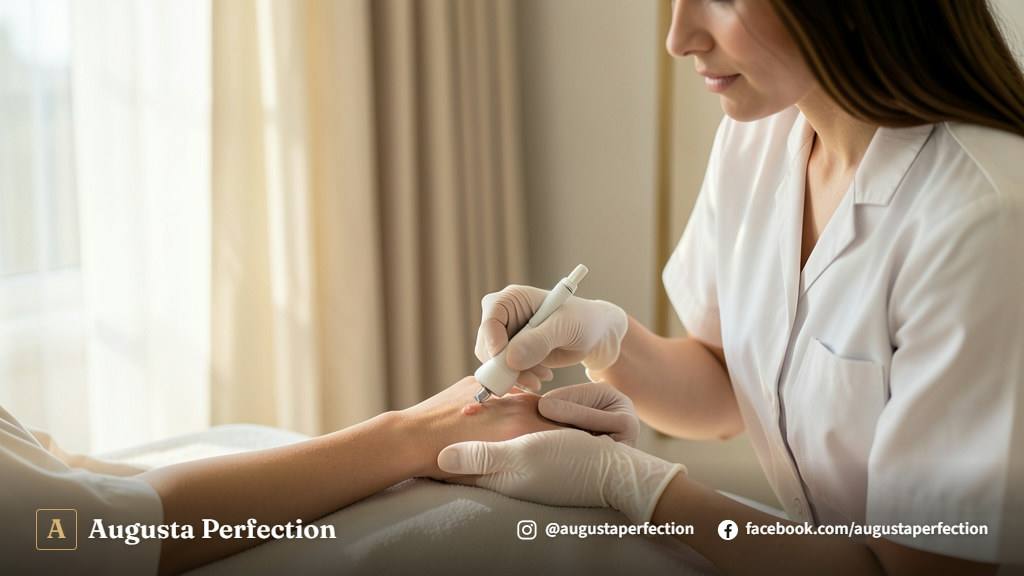 Profissional de estética avançada preparando instrumentos higienizados em uma clínica moderna para remoção de verrugas.