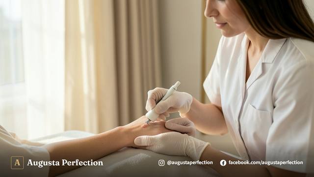 Profissional de estética avançada preparando instrumentos higienizados em uma clínica moderna para remoção de verrugas.