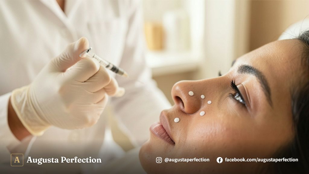 Profissional de estética segurando produto preenchedor biocompatível em consultório moderno em Campinas.