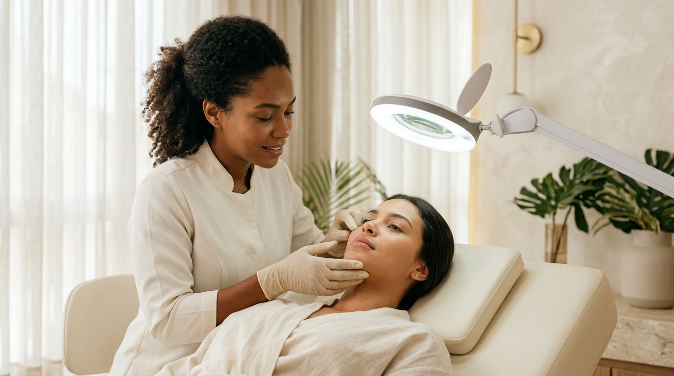 Profissional de estética realizando avaliação facial minuciosa em clínica moderna em Bauru.