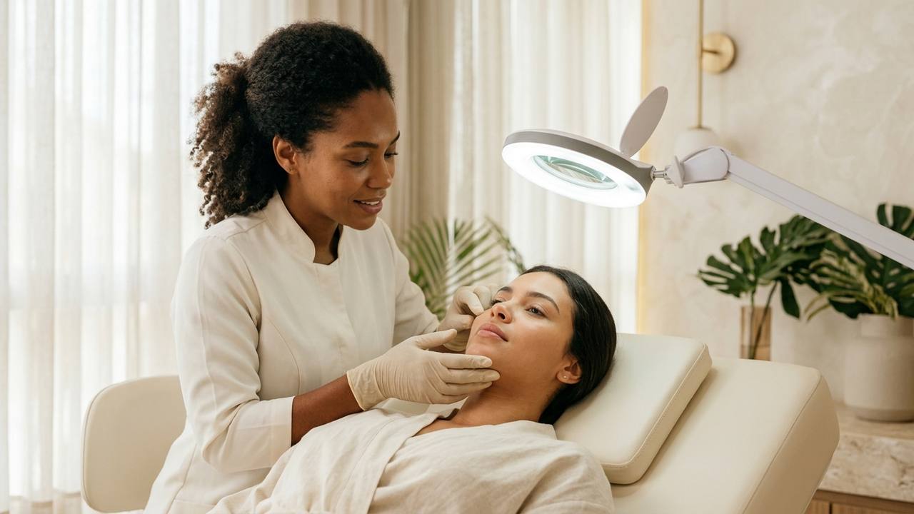 Profissional de estética realizando avaliação facial minuciosa em clínica moderna em Bauru.