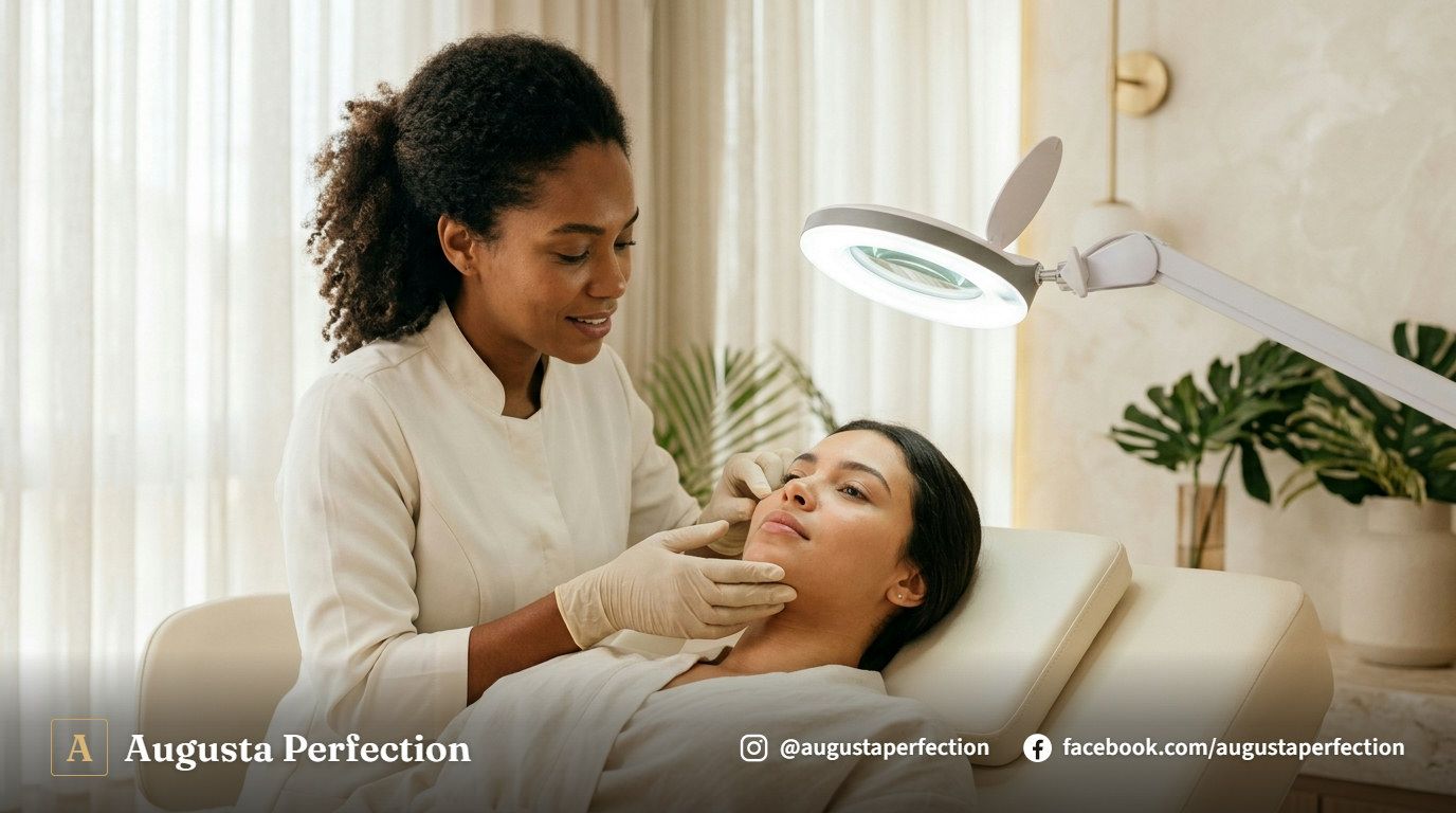 Profissional de estética realizando avaliação facial minuciosa em clínica moderna em Bauru.