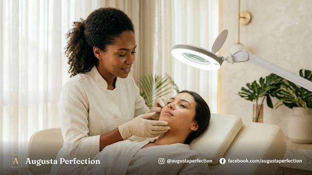 Profissional de estética realizando avaliação facial minuciosa em clínica moderna em Bauru.