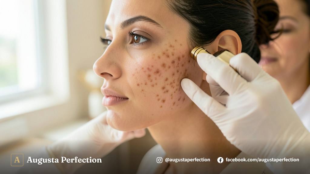 Ambiente de clínica de estética avançada com profissional segurando cosmético clareador em Jundiaí.