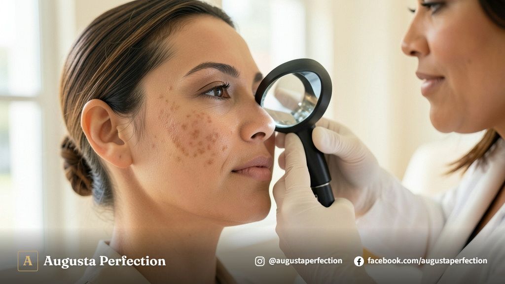 Tratamento de melasma em clínica estética com produtos de cuidados com a pele em ambiente moderno.