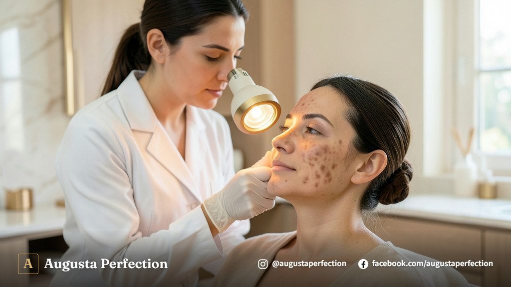 Especialista em estética preparando produtos clareadores em clínica moderna para tratamento de melasma.
