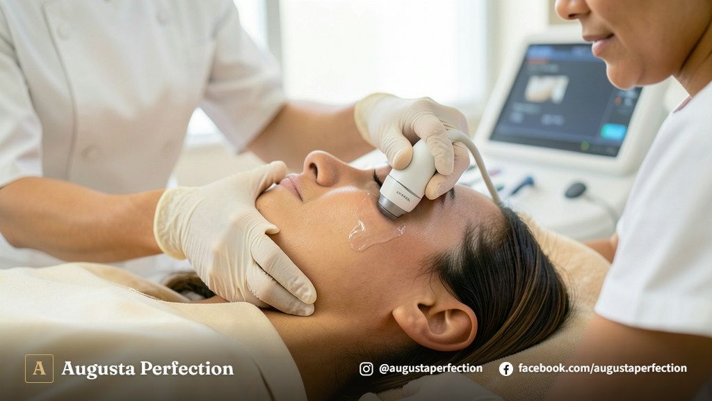 Profissional realizando procedimento de ultrassom microfocado para rejuvenescimento em clínica de estética moderna em Jaú.