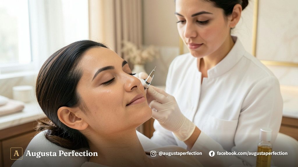 Profissional de estética preparando equipamento e séruns para procedimento de BB Glow em clínica sofisticada.