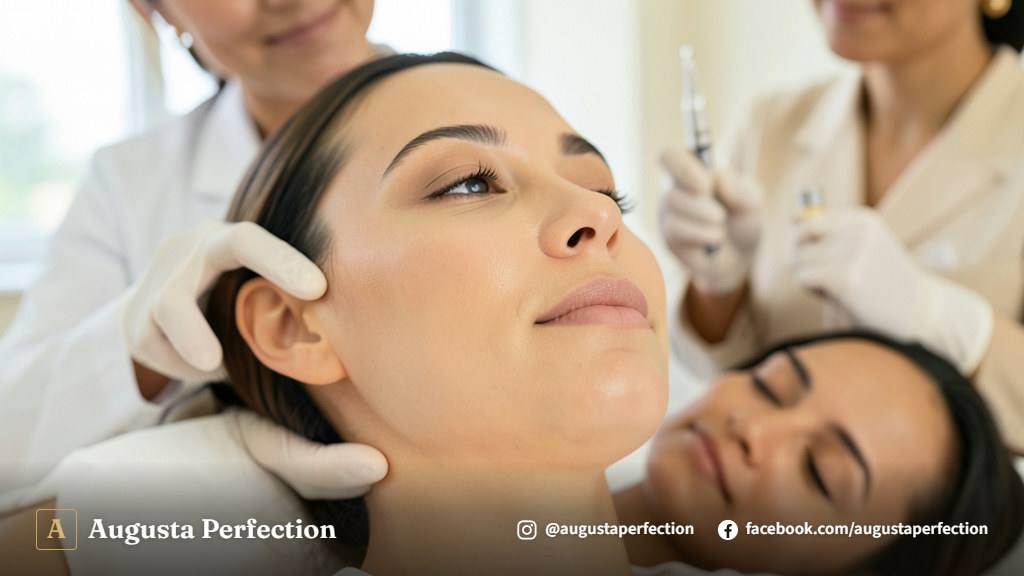 Mãos de profissional com luvas descartáveis preparando sérum facial em clínica de estética higienizada.