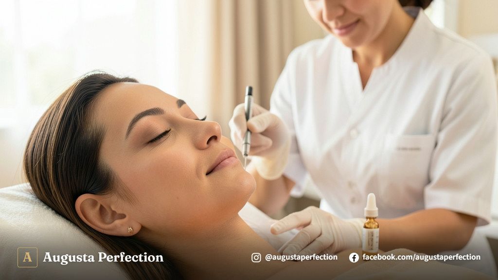 Equipamento de estética avançada e séruns nutritivos para procedimento facial em ambiente clínico sofisticado.