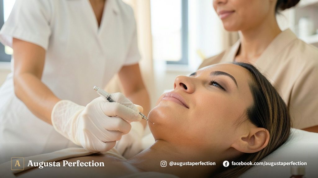 Profissional de estética aplicando sérum nutritivo para tratamento de pele em ambiente clínico elegante.