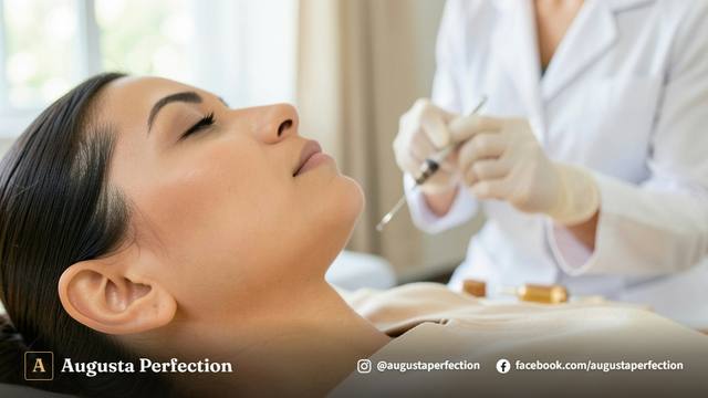 Ambiente de clínica estética com profissionais e soros para tratamento facial de BB Glow.