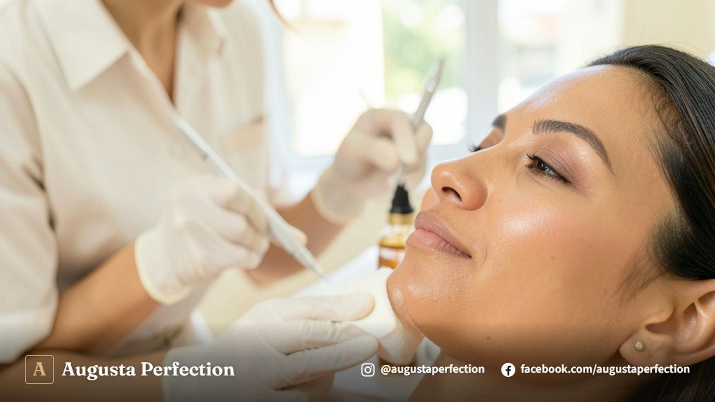 Mãos de profissional com luvas preparando produtos e equipamentos para tratamento de BB Glow em clínica estética.