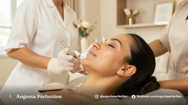 Profissional de estética preparando equipamento estéril em clínica para tratamento de BB Glow seguro.