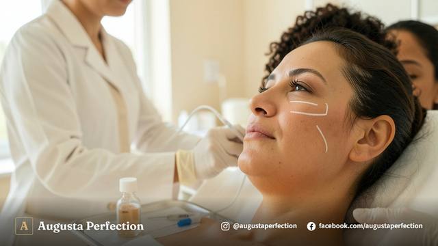 Profissional de estética segurando produto bioestimulador em ambiente de clínica sofisticado