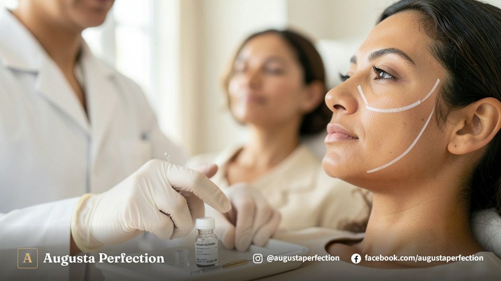 Profissional de estética com luvas segurando produto em ambiente de clínica sofisticada para tratamento de bioestimulador.