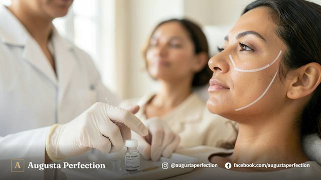 Profissional de estética com luvas segurando produto em ambiente de clínica sofisticada para tratamento de bioestimulador.
