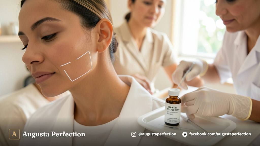 Profissional de estética avançada em ambiente clínico moderno preparando materiais para aplicação de bioestimulador de