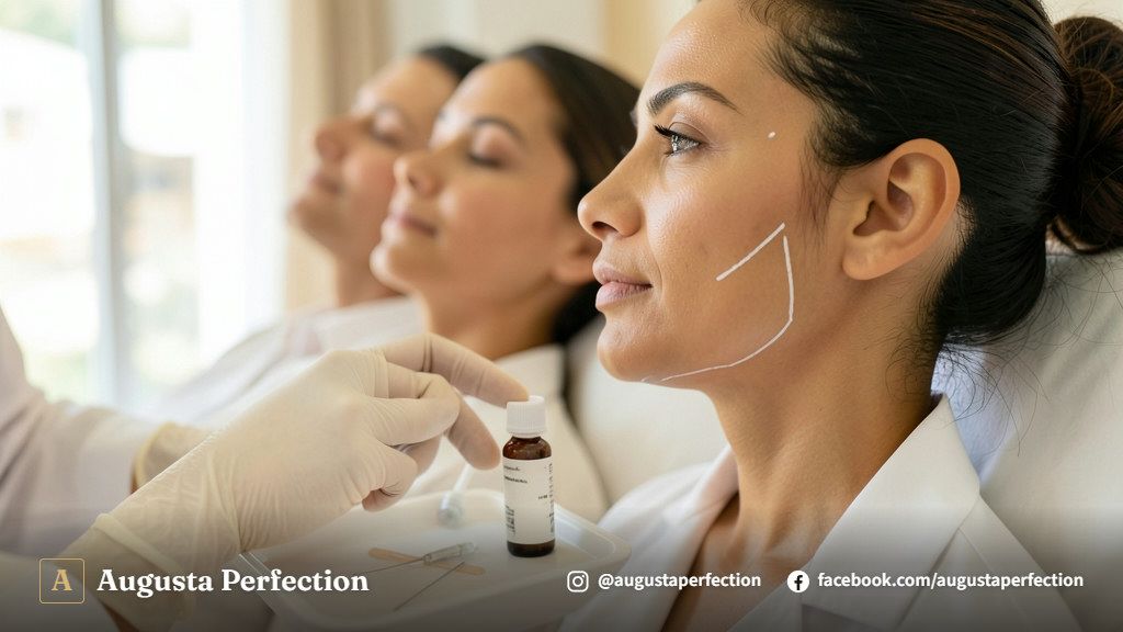 Profissional de estética avançada preparando frasco de bioestimulador de colágeno em ambiente clínico estéril.