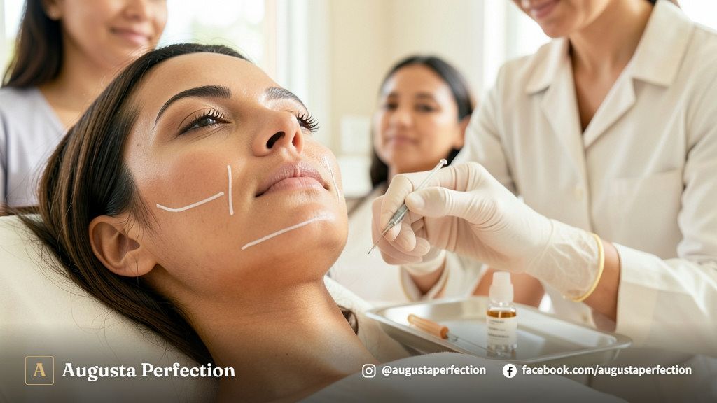 Profissional em ambiente de clínica estética de luxo organizando produtos para bioestimulador de colágeno.
