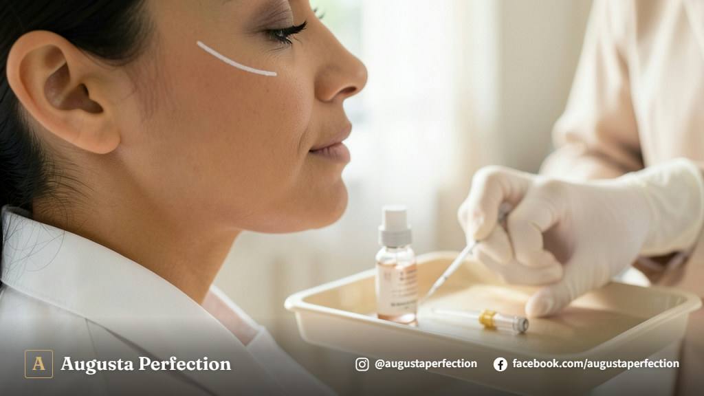 Profissional de estética em clínica moderna preparando seringa para aplicação de bioestimulador de colágeno.