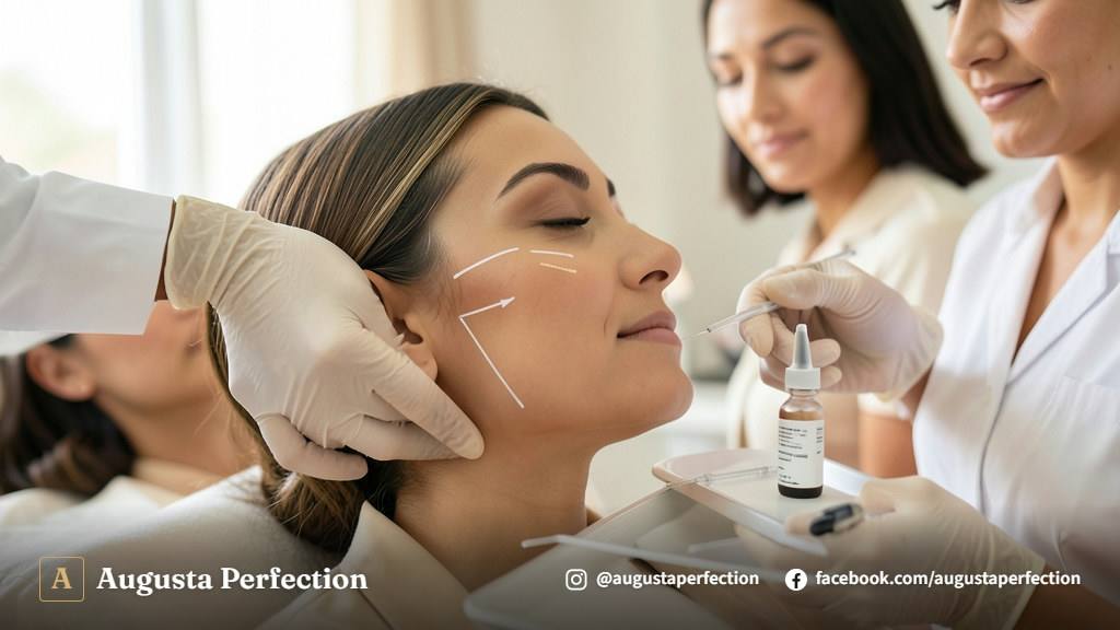 Especialista em estética avançada preparando procedimento de bioestimulador de colágeno com foco na segurança.