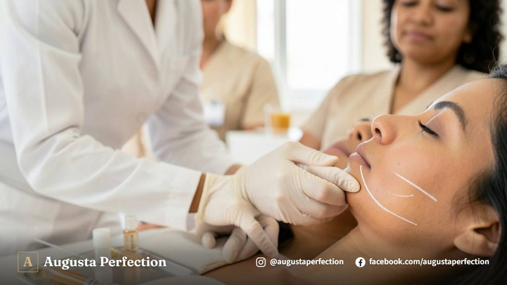 Mão de profissional de estética com luvas segurando frasco de bioestimulador de colágeno em clínica moderna.