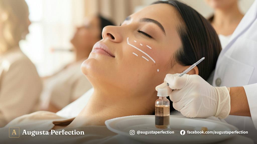 Profissional especialista preparando procedimento de bioestimulador de colágeno em clínica de estética elegante.