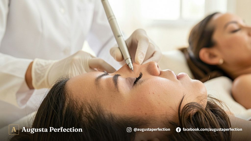 Equipamento de jato de plasma e produtos dermatológicos em sala de atendimento de estética avançada.