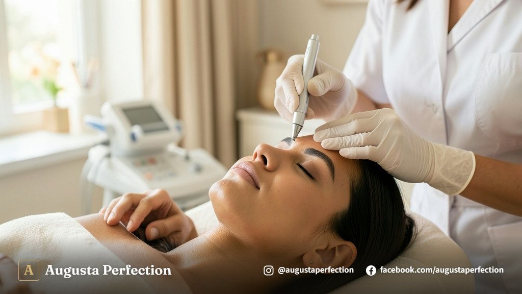 Profissional biomédica realizando consulta de avaliação para blefaroplastia sem cortes em clínica de estética.