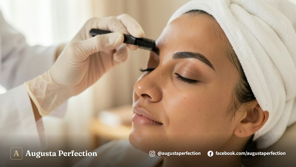 Profissional de estética realizando alinhamento de sobrancelhas com escovinha de precisão em ambiente de clínica.