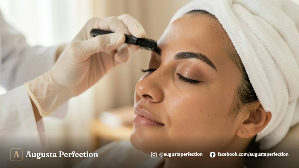 Profissional de estética realizando alinhamento de sobrancelhas com escovinha de precisão em ambiente de clínica.