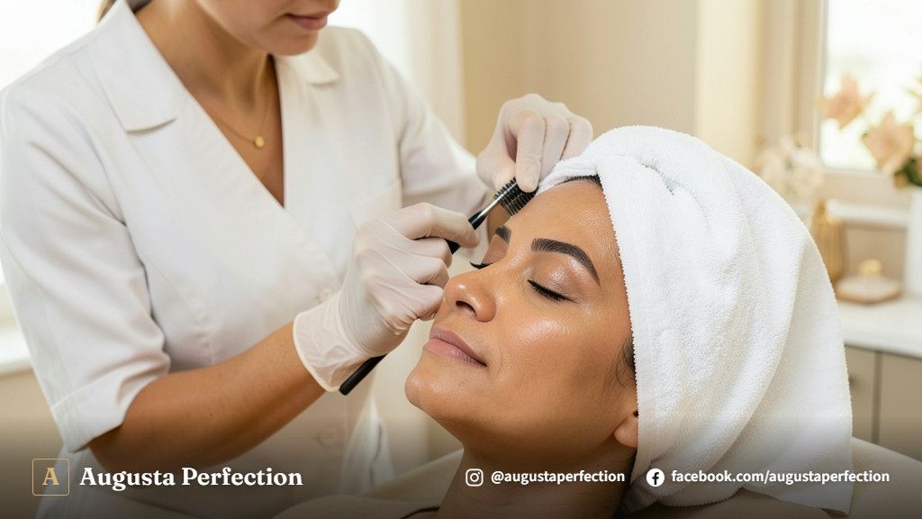 Profissional realizando o alinhamento de sobrancelhas em uma clínica de estética moderna em Campinas.