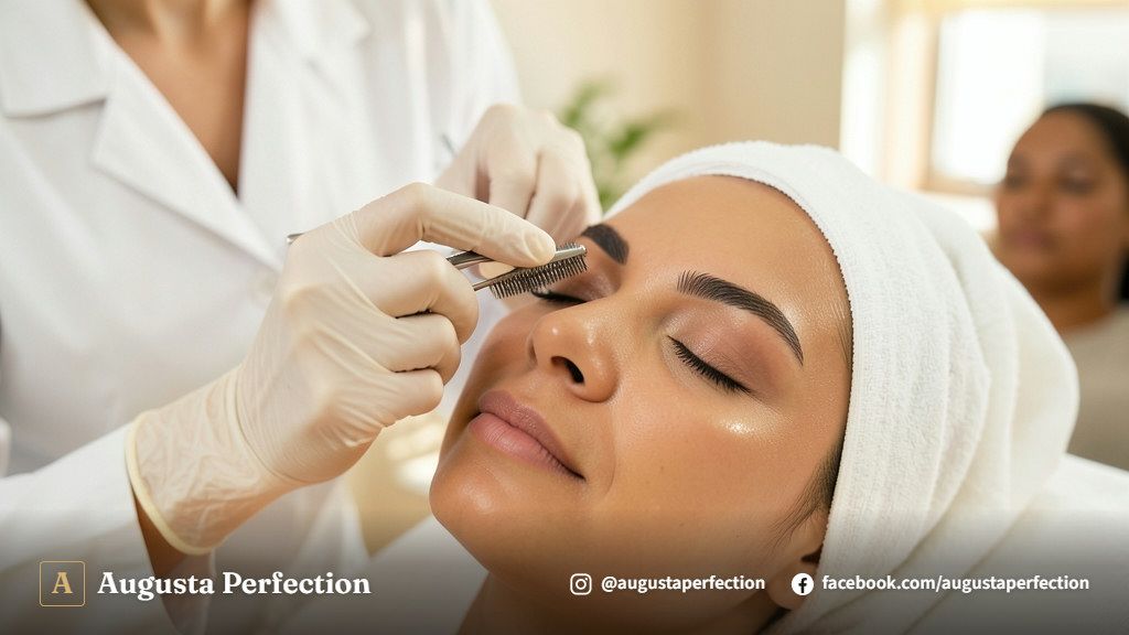 Profissional de estética realizando tratamento de hidratação e cuidado nas sobrancelhas de uma paciente na clínica.