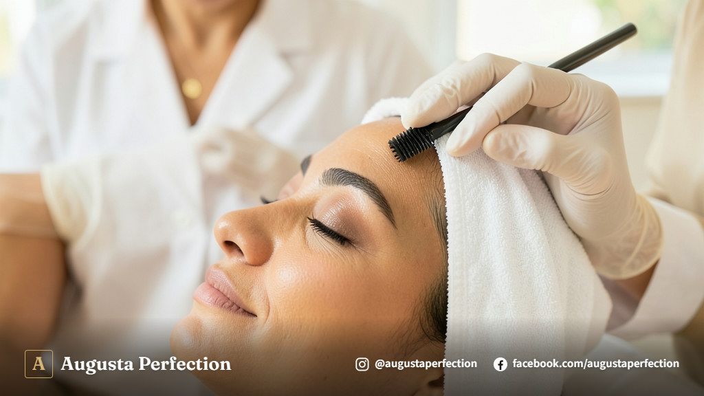 Profissional de estética em luvas realizando avaliação cuidadosa das sobrancelhas de uma paciente em ambiente elegante.