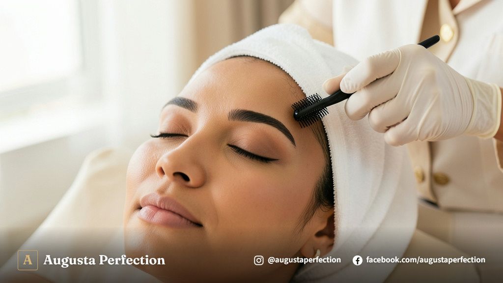 Profissional realizando procedimento de Brow Lamination com pincel delicado em ambiente de clínica estética.