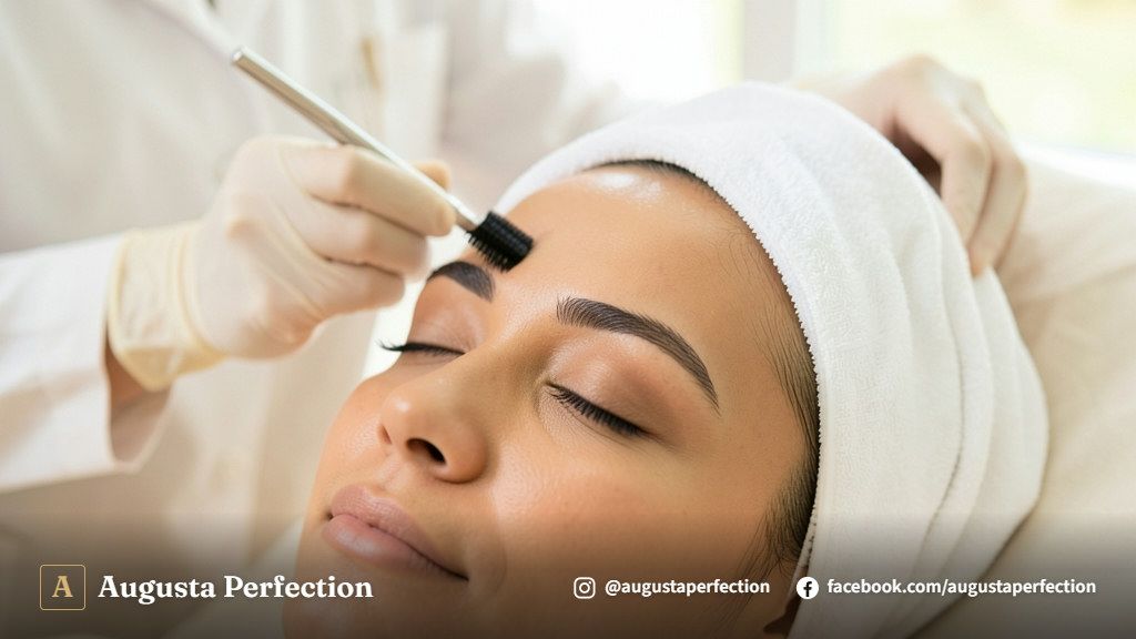 Profissional realizando alinhamento de sobrancelhas em clínica de estética moderna.