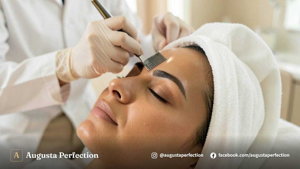 Profissional de estética realizando procedimento de Brow Lamination com alinhamento cuidadoso dos fios da sobrancelha.