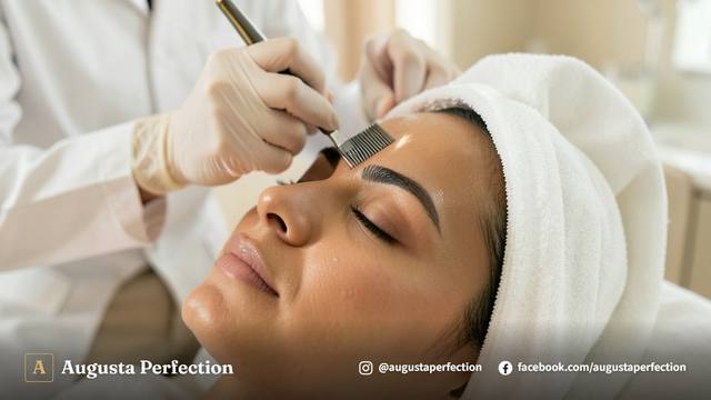 Profissional de estética realizando procedimento de Brow Lamination com alinhamento cuidadoso dos fios da sobrancelha.