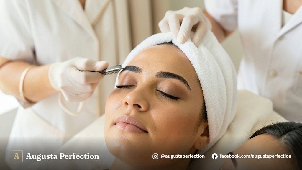 Profissional de estética realizando cuidados e hidratação pós-procedimento em sobrancelhas bem alinhadas.