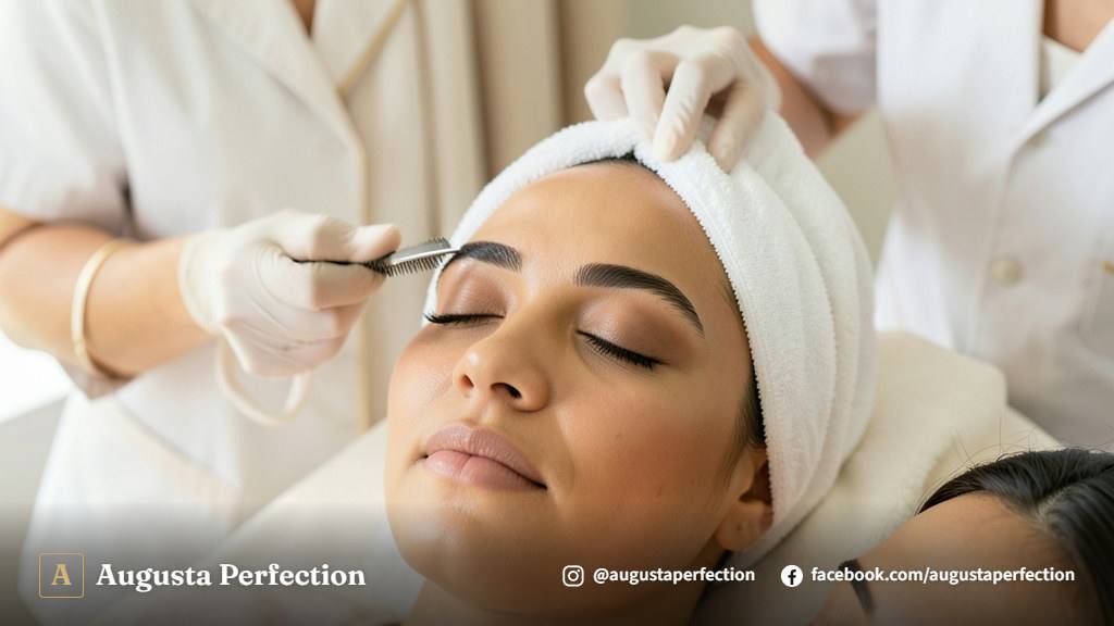 Profissional de estética realizando cuidados e hidratação pós-procedimento em sobrancelhas bem alinhadas.