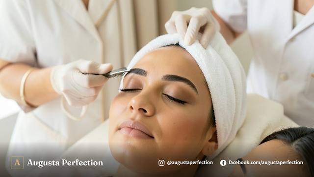 Profissional de estética realizando cuidados e hidratação pós-procedimento em sobrancelhas bem alinhadas.