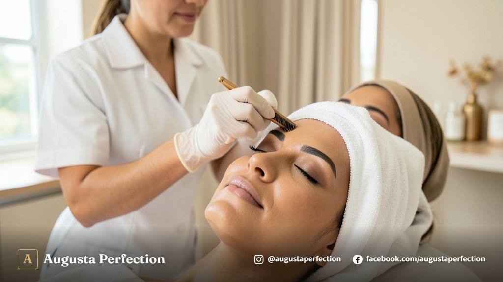 Biomédica aplicando sérum nutritivo em sobrancelhas perfeitamente alinhadas de uma mulher de pele escura numa clínica