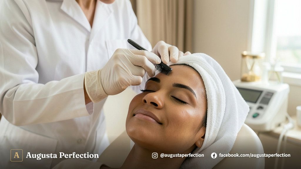 Profissional de estética alinhando os fios da sobrancelha de uma paciente em ambiente de clínica moderna.