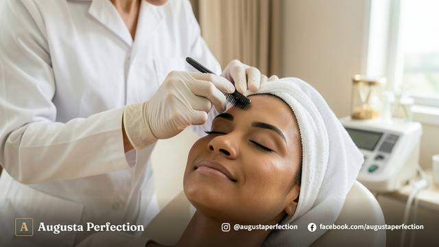 Profissional de estética alinhando os fios da sobrancelha de uma paciente em ambiente de clínica moderna.